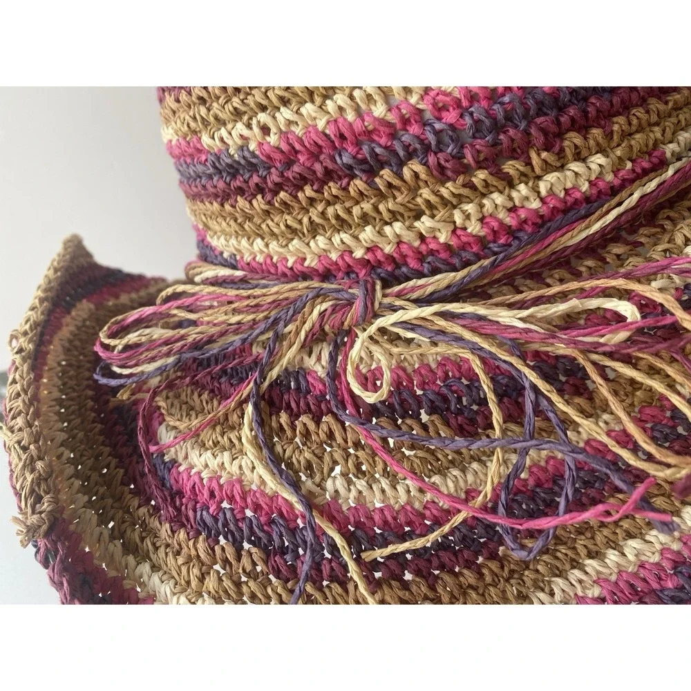 A New Day Striped Paper Straw‎ Sun Hat Wide Brim Boho Beach Crochet OSFM